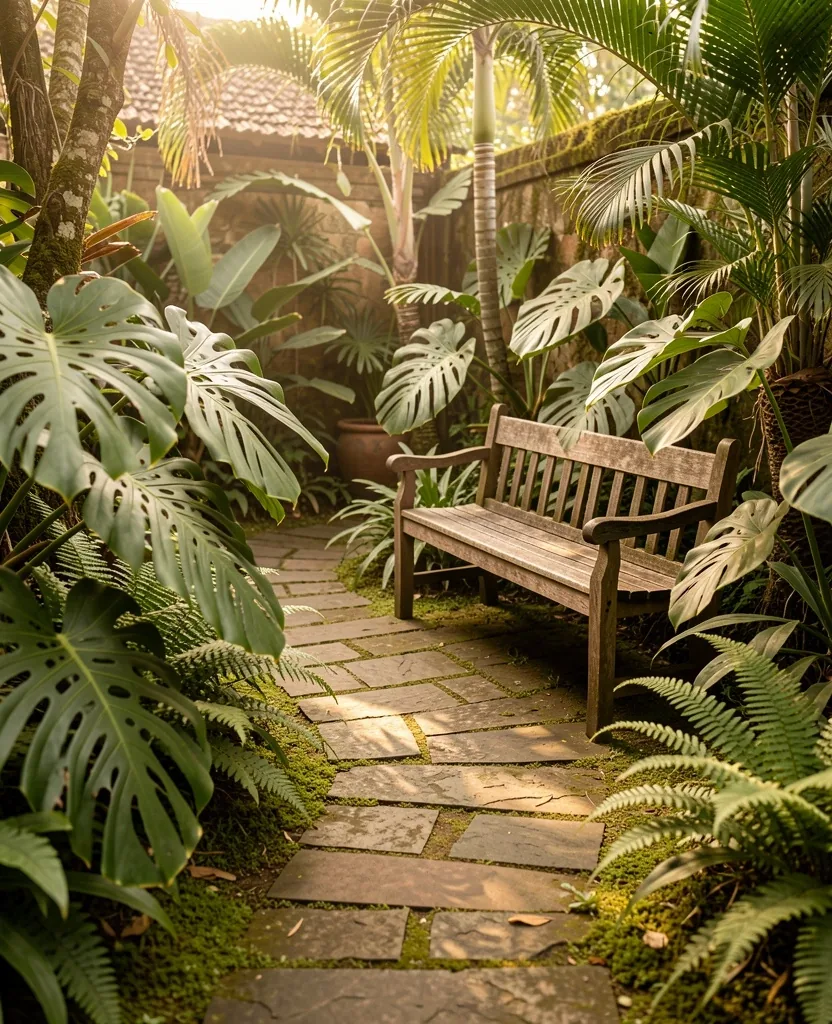 A quiet Balinese garden with tropical plants and stone path representing the local wellness heritage
