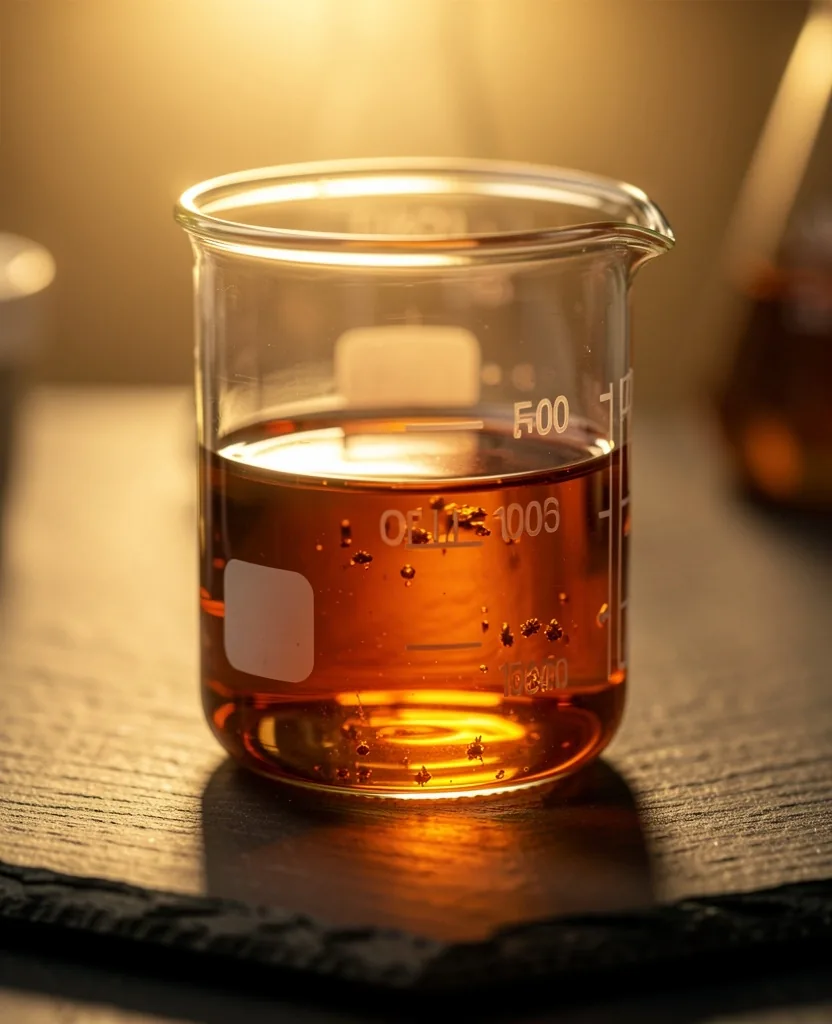 Amber-colored supplement oil in laboratory glassware representing botanical extraction
