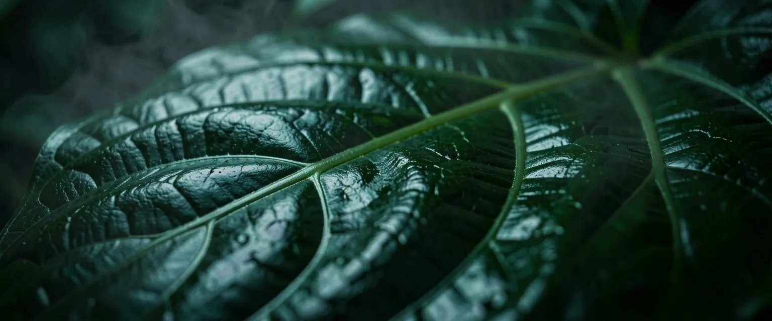 Dense tropical foliage in low-key lighting representing natural botanical origins