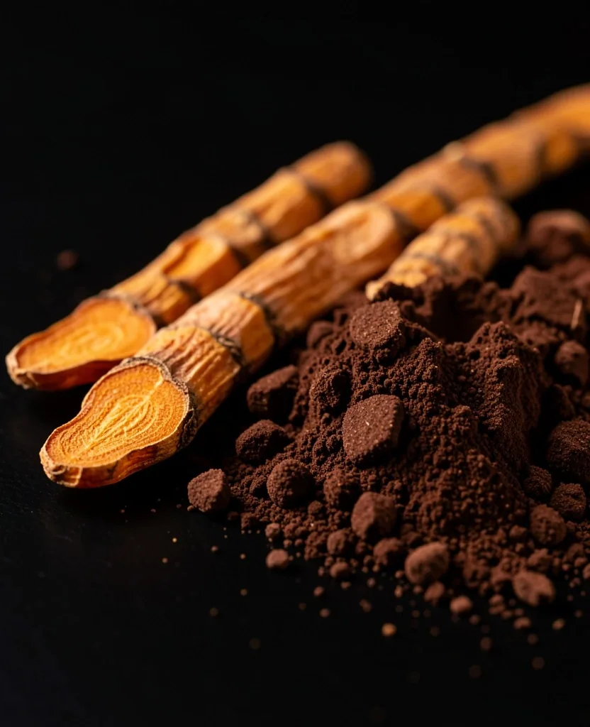 Dried botanical roots and natural powder on a dark surface representing ingredient sourcing