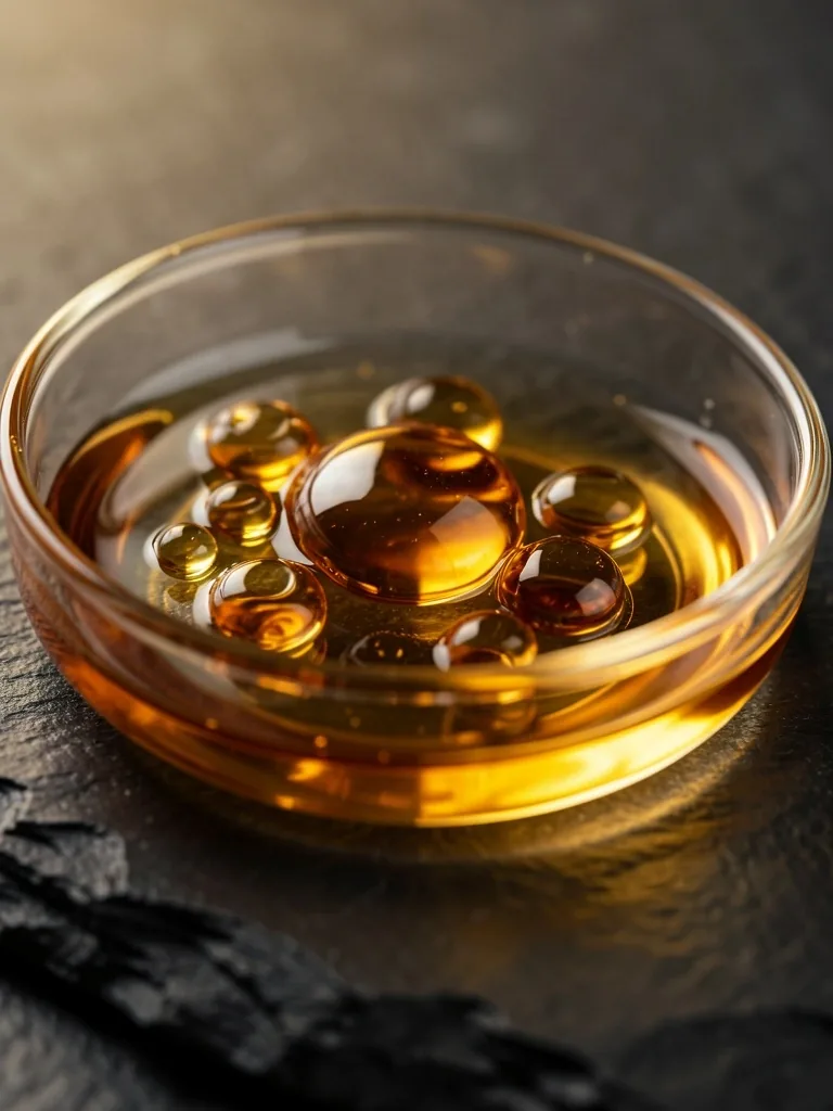 Amber herbal extract oil in glass dish