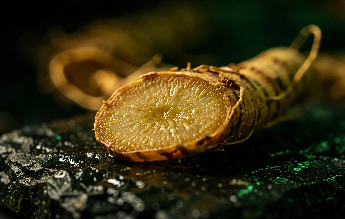 Macro view of ginseng root on dark stone