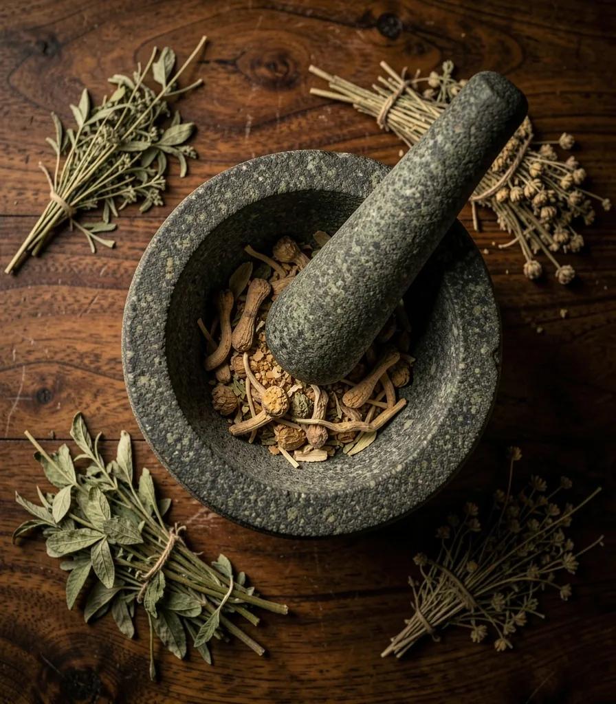 Traditional Indonesian herbs and roots arrangement