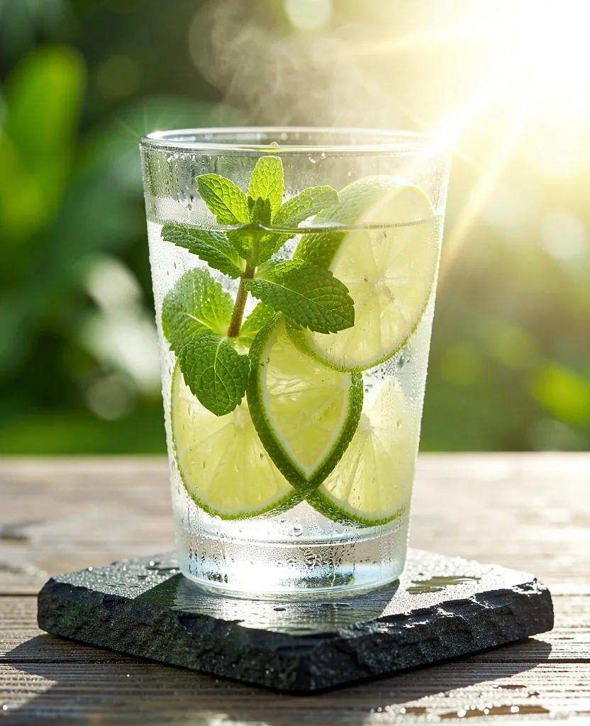 Glass of water with mint and lime on dark stone