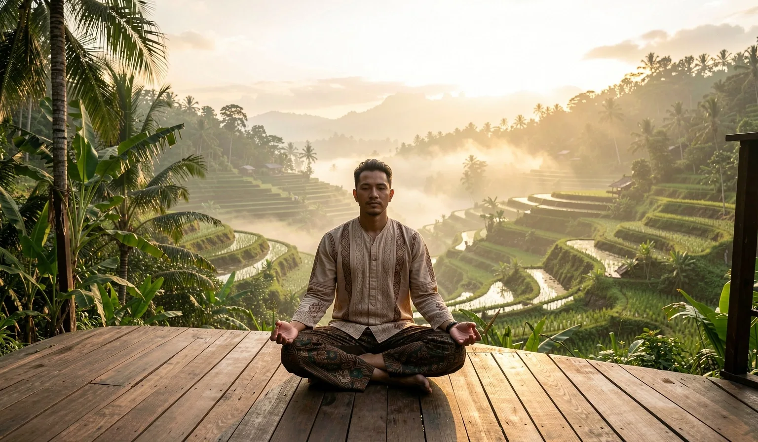 Man meditating on a deck overlooking rice terraces