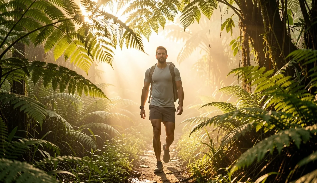 Man hiking through a lush Bali jungle path