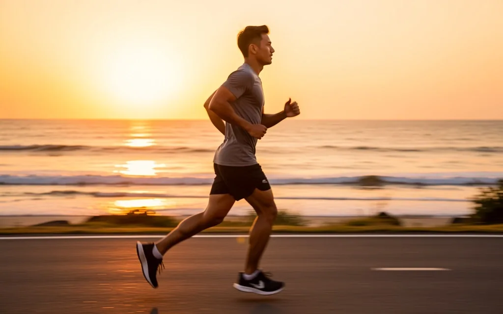 Runner on a coastal road at dawn