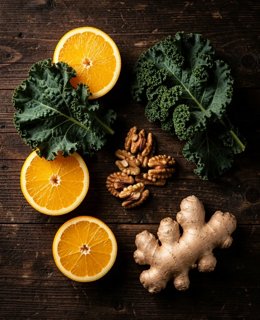 Whole foods spread on a wooden surface