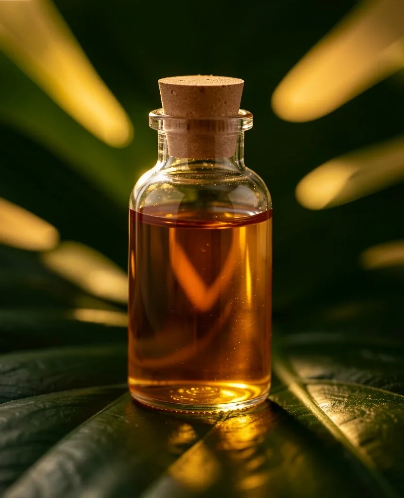 Amber botanical oil in a glass vial