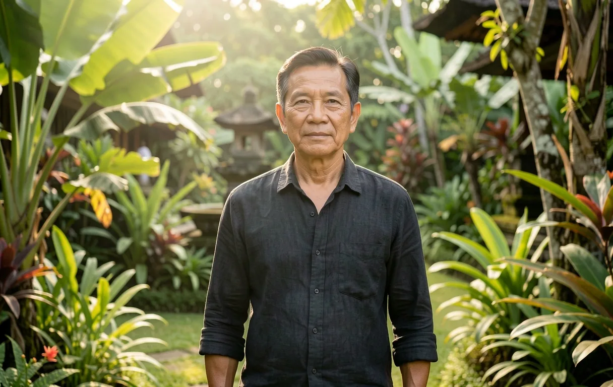 Mature man in a tropical garden setting