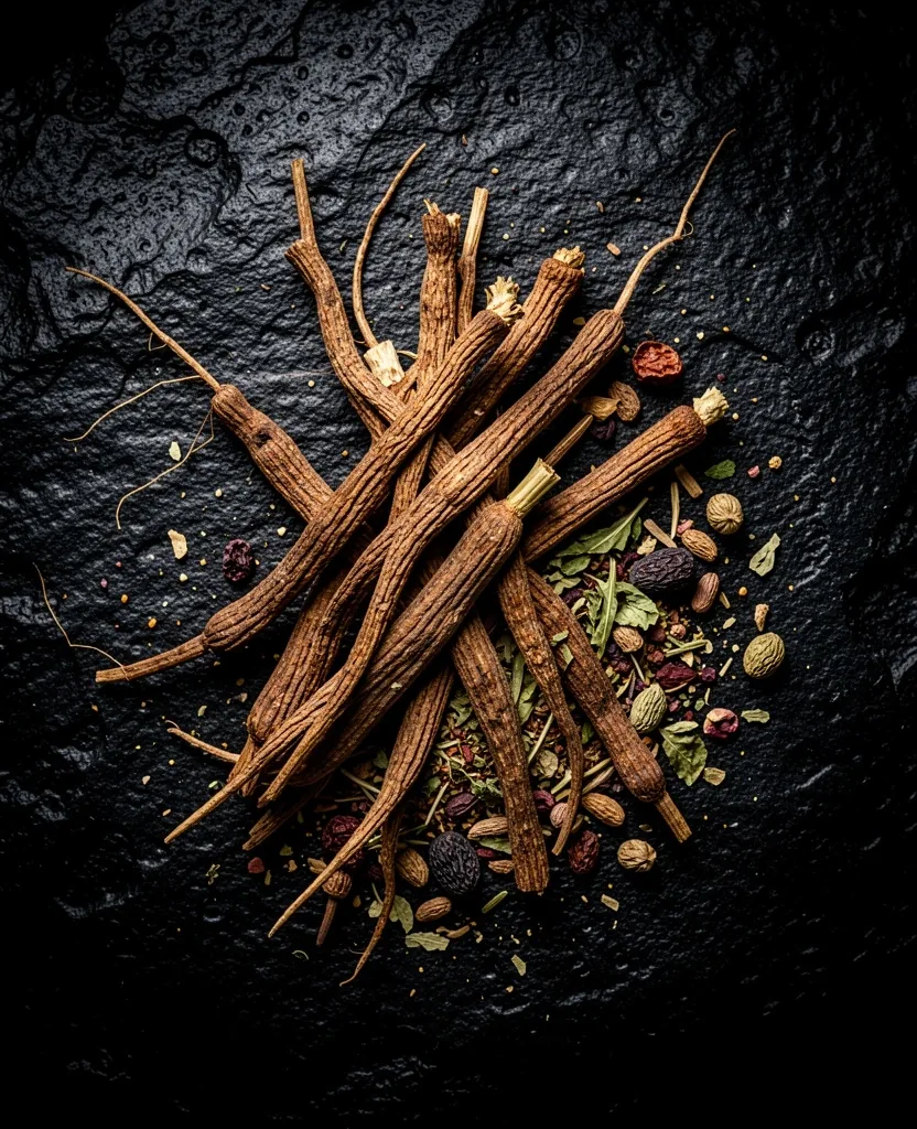Raw botanical root specimens on a dark surface