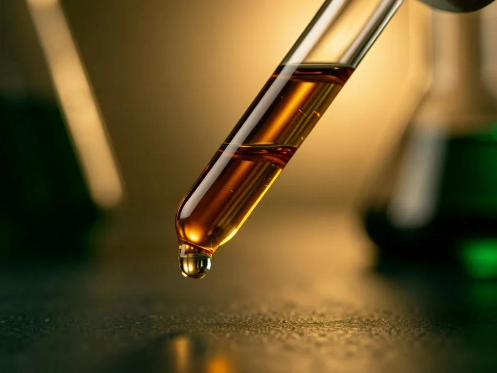 Amber supplement oil in glass dropper bottle