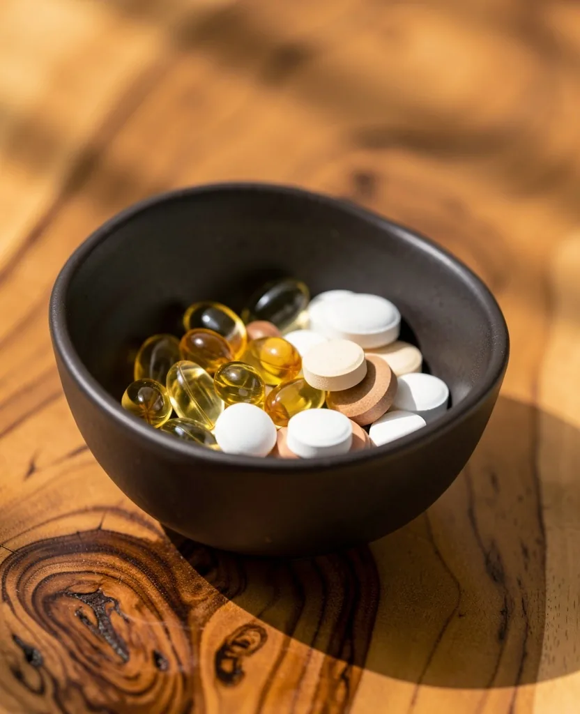 Assorted supplement capsules arranged on dark surface