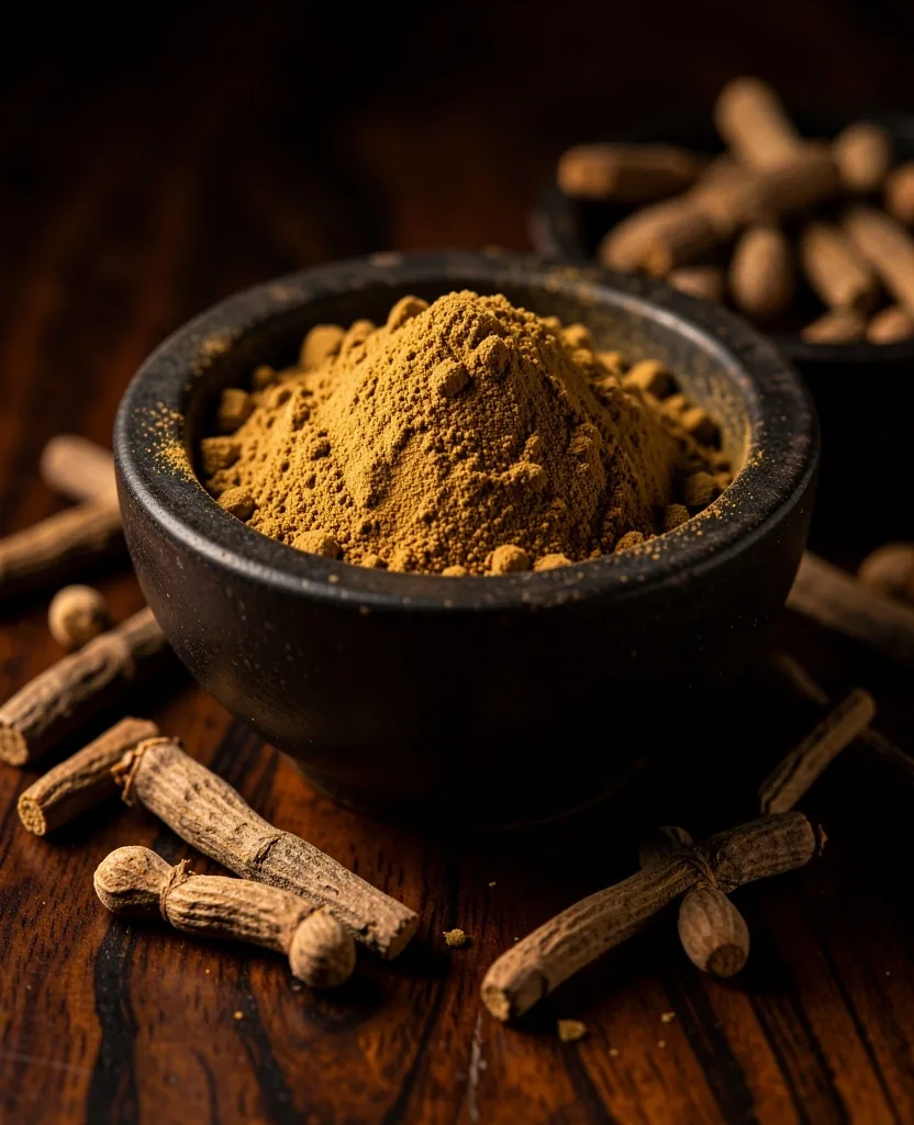 Raw botanical root powder in a mortar